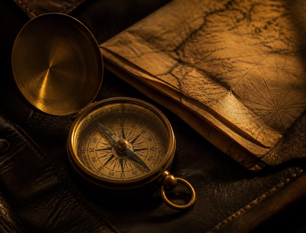 Brass compass beside a map